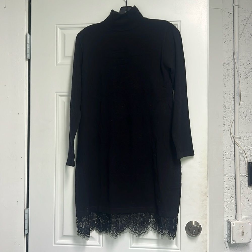 Black Turtleneck Lace Bottom Long Sleeve Dress - Size Medium - Like New